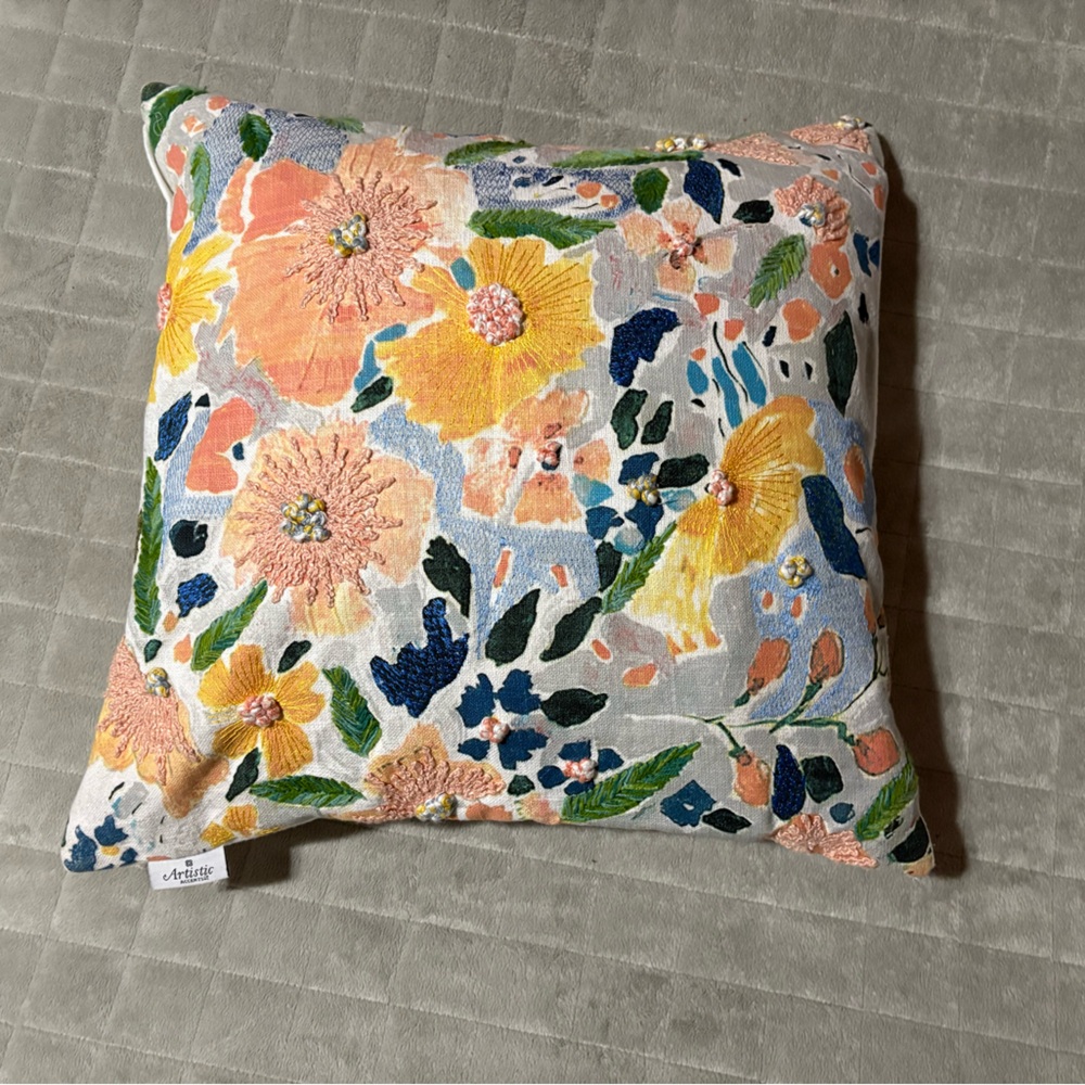Embroidered Flower Decorative Pillow Multi-Color